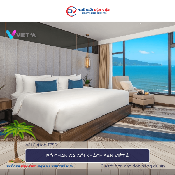 Bộ chăn ga gối khách sạn Việt Á vải Cotton T250 trắng trơn 7